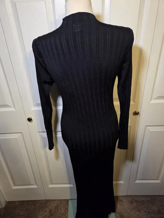 Abercrombie & Fitch Ribbed Knit Dress Women Large Black Bodycon Midi Long Sleeve - Picture 6 of 9